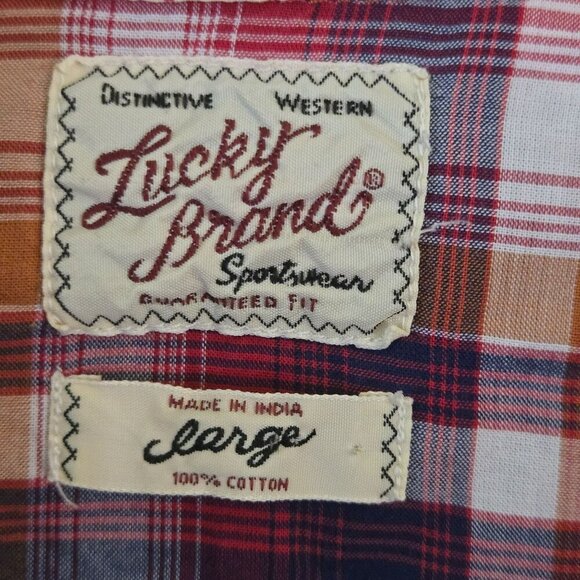 Lucky Brand Western Pearl Snap Red Plaid 100% Cotton Suatainable Shirt Size L - Picture 4 of 5